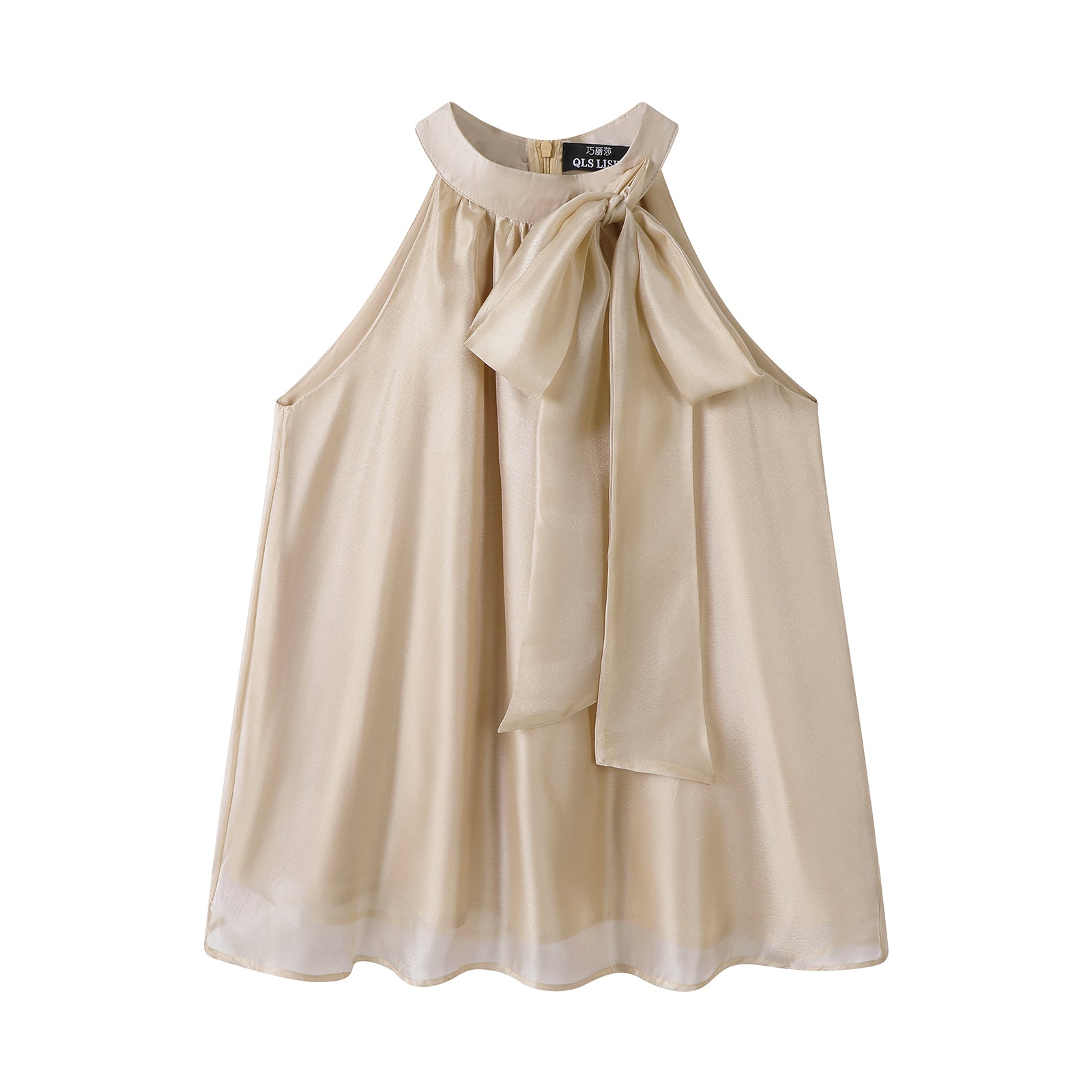 Cholisa-nın qadınlar üçün niş dizaynlı, yüksək səviyyəli qolsuz, yaxalı, çiyinləri bağlı bluza, zərif çəhrayı rəngli, fransız şık üslublu top.