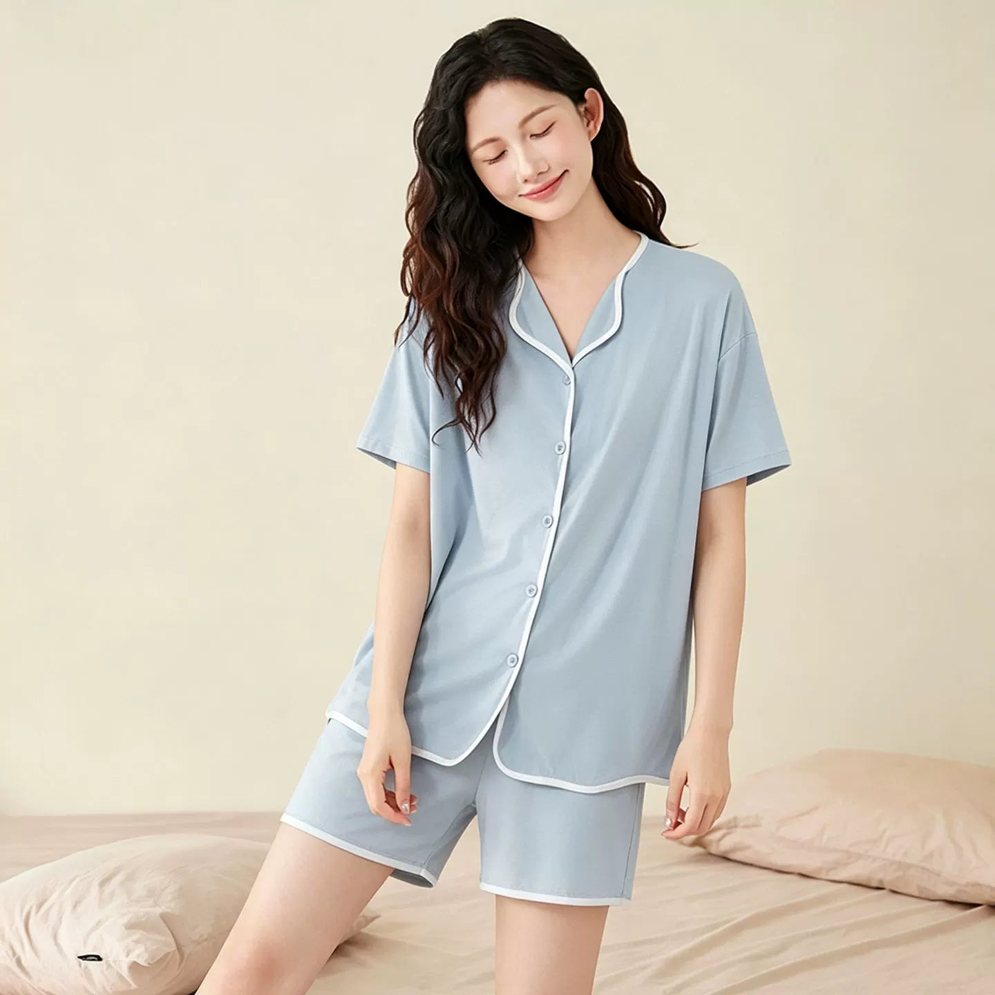 Yay sezonunda qadinlar ucun modal pijama, nazik, serin, buz ipək, ev paltarı kimi geyinilə bilən nəfəs alan uzunqol şalvar, iki parça dəst