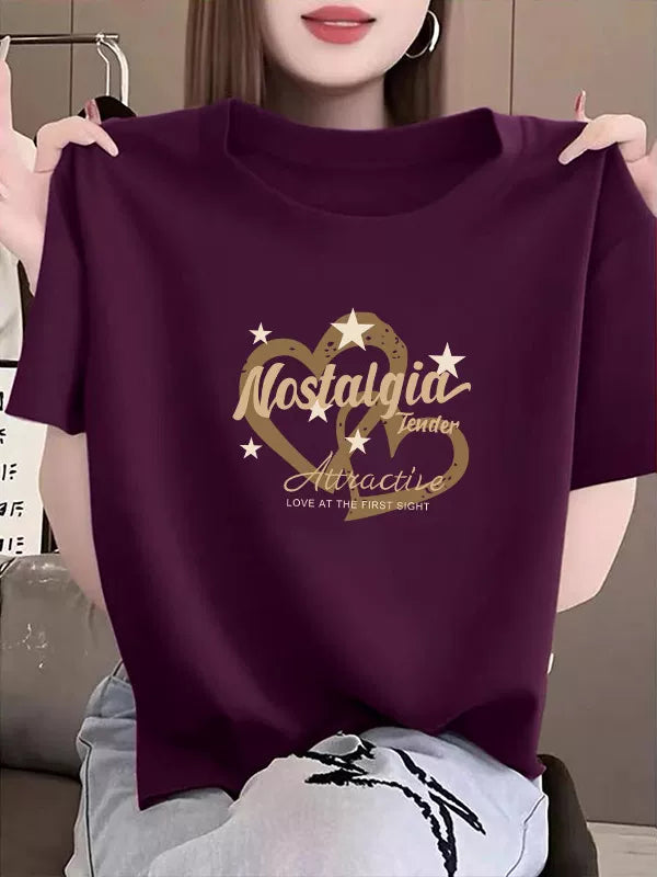 Ağacdələn Ancora Qırmızı Qısaqol Qadın T-shirti 2026 Yay Yeni Sevgi Çapı Boş Çox Yönlü Sağ Çiyin Top