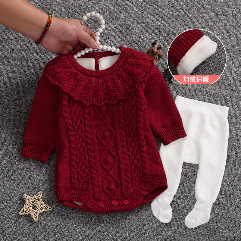 Qız uşağı üçün qış sviteri, yun astarlı, yeni doğulmuş/tam aylıq körpə geyimləri, şahzadə stilində şık romper, ilk ad günü dəsti, qırmızı.