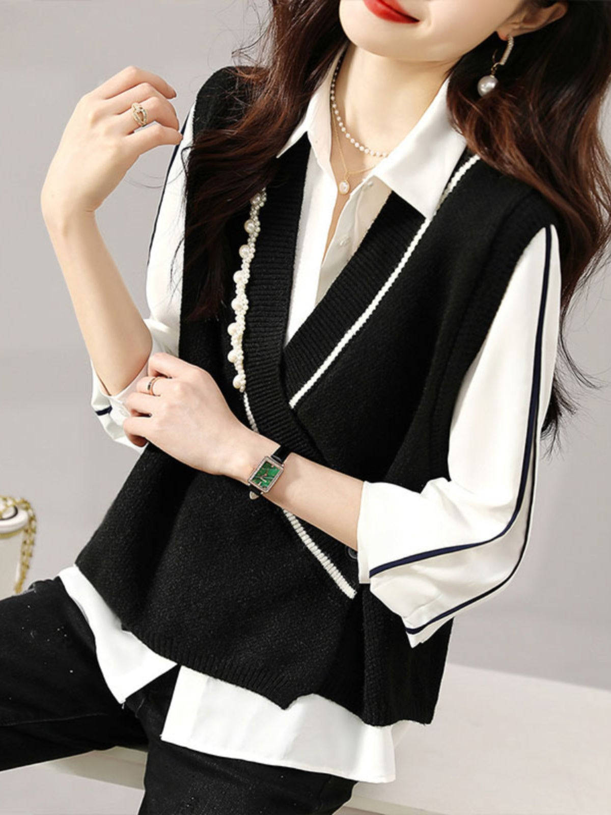 Fransız overstock qadın geyimləri, yüksək səviyyəli brend endirimləri, orijinal overstock, geniş yamaqlı jilet, V-yaxalı toxunma jilet.