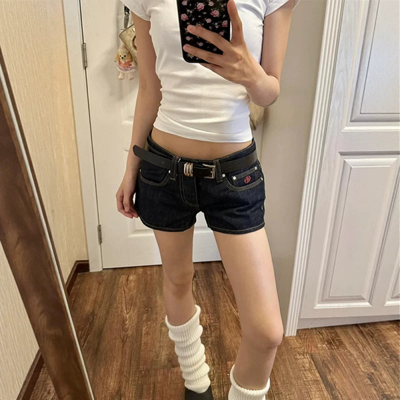 Qadınlar üçün böyük ölçülü tünd göy rəngli, aşağı belli denim şortlar, yeni yay stili, böyük ölçülü qadınlar üçün seksual, arıqladıcı, çox yönlü düz ayaqlı isti şalvar.