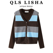 Cholisa zolaqlı toxunma jilet kardiqan iki hissəli qadınlar üçün dəst, 2025, payız və qış geyimləri.