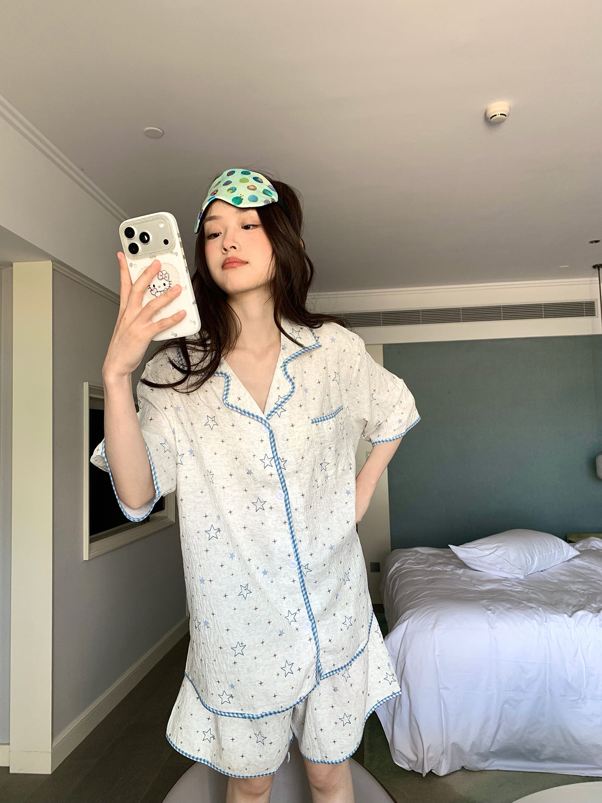 Xinbangbang Homedress yay yeni ulduz çaplı qısaqol pijama, qadınlar üçün dəriyə uyğun və rahat ev geyimi dəsti