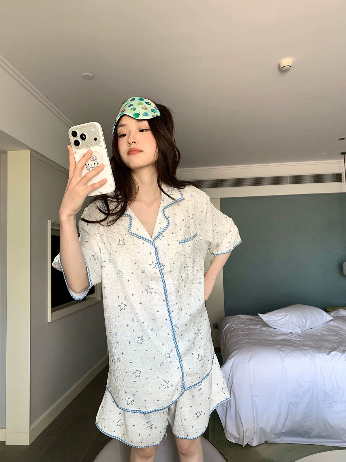 Xinbangbang Homedress yay yeni ulduz çaplı qısaqol pijama, qadınlar üçün dəriyə uyğun və rahat ev geyimi dəsti