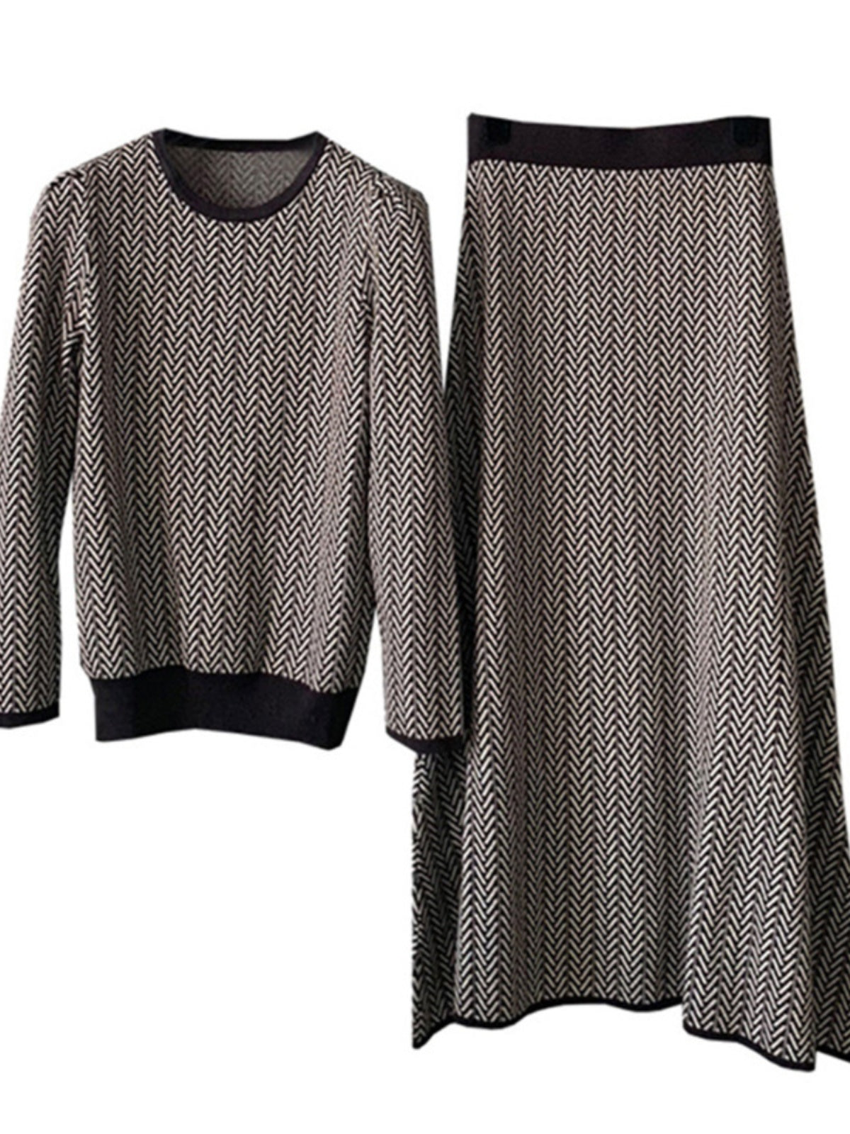 2025 Payız/Qış Yeni Stil, Dəbli, Gənc, Retro Üslublu Yüksək Zolaqlı Örgü Top və Ətək İki Hissəli Dəst