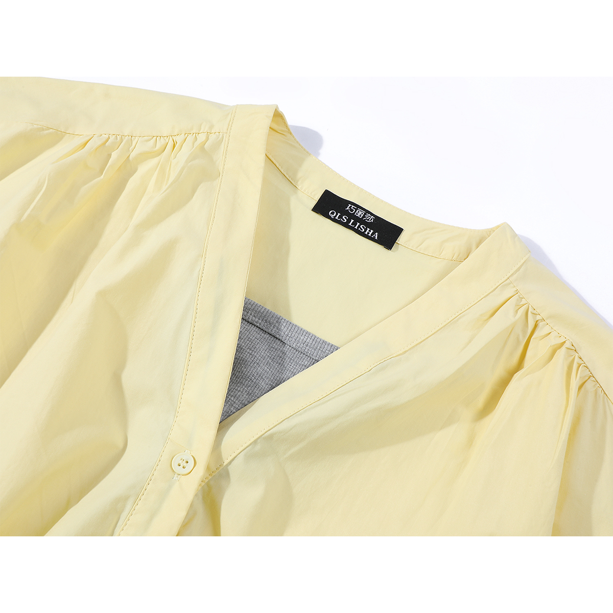 Chorlisa qadın köynəyi, yüksək keyfiyyətli, dəbdəbəli, gənc, şık V-yaxalı, süni iki hissəli, fransız üslubunda rahat və rahat top, yay.