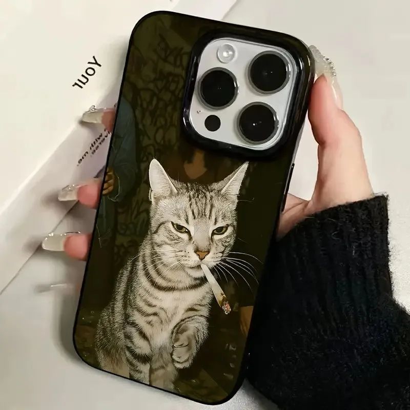 iPhone 17 A üçün şık pişik siqareti naxışlı qara rəngli telefon qabı