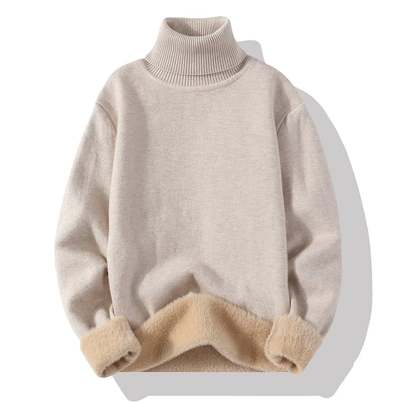 Kişilər üçün balıqçı yaxalı sviter, yun sviter, payız və qış iç qatı, flis astarlı, qalınlaşdırılmış ağ bir hissəli flis trikotaj