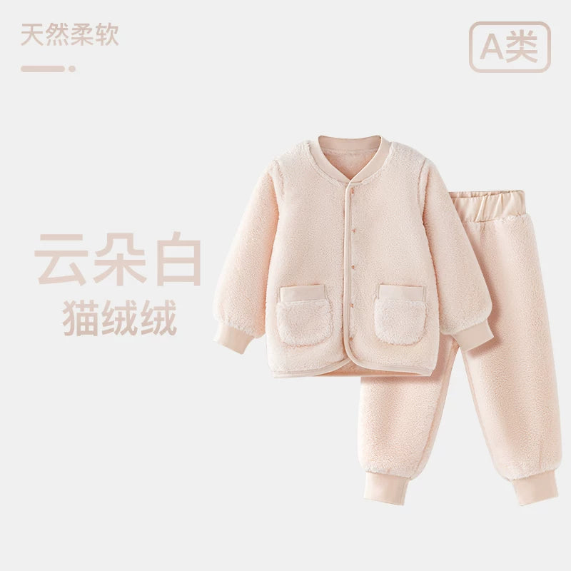 Körpə qış isti xalat, körpə pijamaları, oğlan və qızlar üçün yun astarlı, qalınlaşdırılmış uşaq mərcan yun ev xalat pijamaları