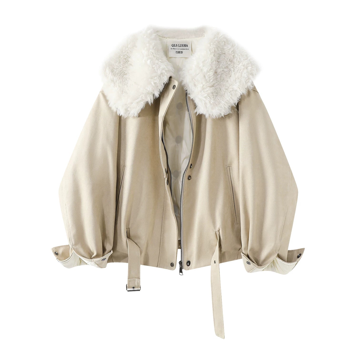 Cholisa-nın özünəməxsus və gözəl qış isti qırmızı qısa qalın paltosu, quzu yun yaxası olan qadın aşağı gödəkçəsi.