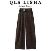 Chorissa Retro Amerika Qəhvəyi Yük Şalvarı Qadınlar üçün Yaz və Payız Yüksək Belli Düz Geniş Ayaqlı Əyri Cins Şalvar