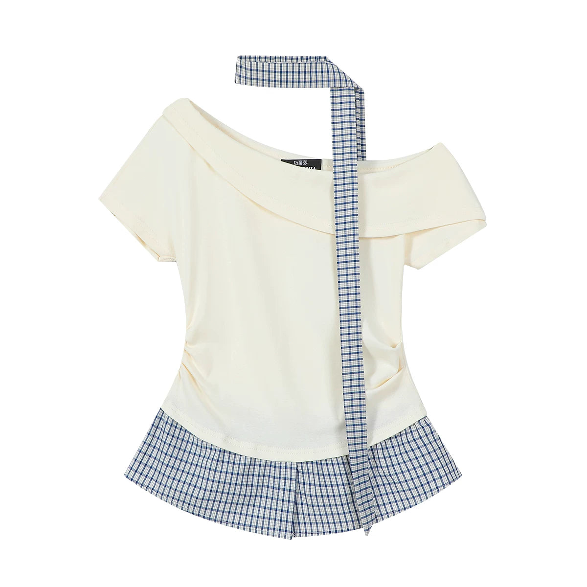 Unikal Çiyin Açıq və Birləşdirilmiş Dizaynlı Cholisa Faux İki Parçalı İncə Fit Qısa Qollu Top, 2026 Yeni Gəliş Qadın Geyimləri