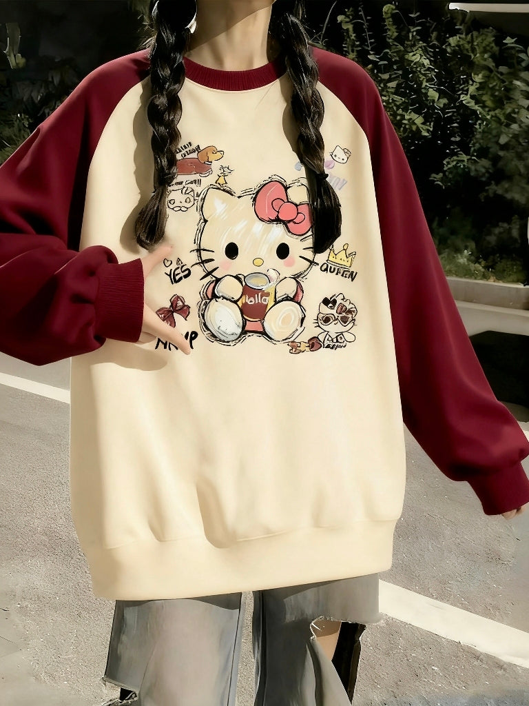 Qızlar üçün sviter, yeni yaz və payız model, dairəvi yaxalıq, geniş forma, rəng bloklayıcı, əsas qat, qış üçün flis astarlı köynək.