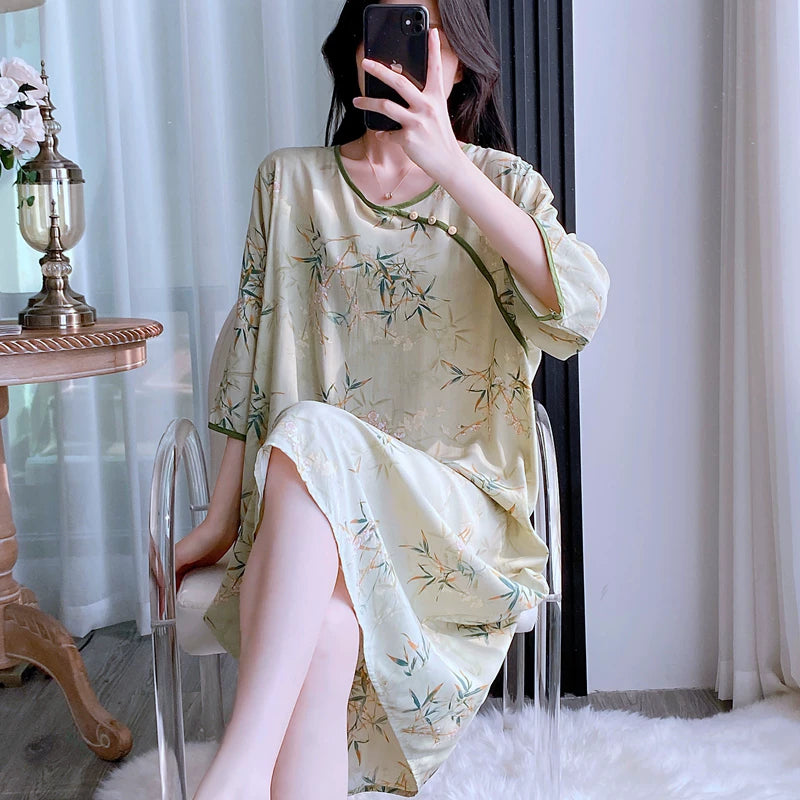 Pambıq ipək pijama qadın yay orta qollu gecə paltarı böyük ölçülü süni pambıq ipək yeni Çin üslubunda nazik boş ev geyimi uzun yubka