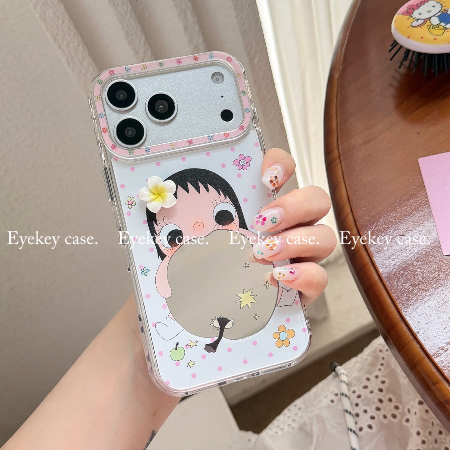 eyekey·ins əyləncəli və sevimli çəhrayı polka nöqtəli çiçəklər alma güzgü qız apple 17promax mobil telefon qutusu iphone16 yeni 15 cizgi filmi 16pro hər şey daxil 17 qoruyucu örtük