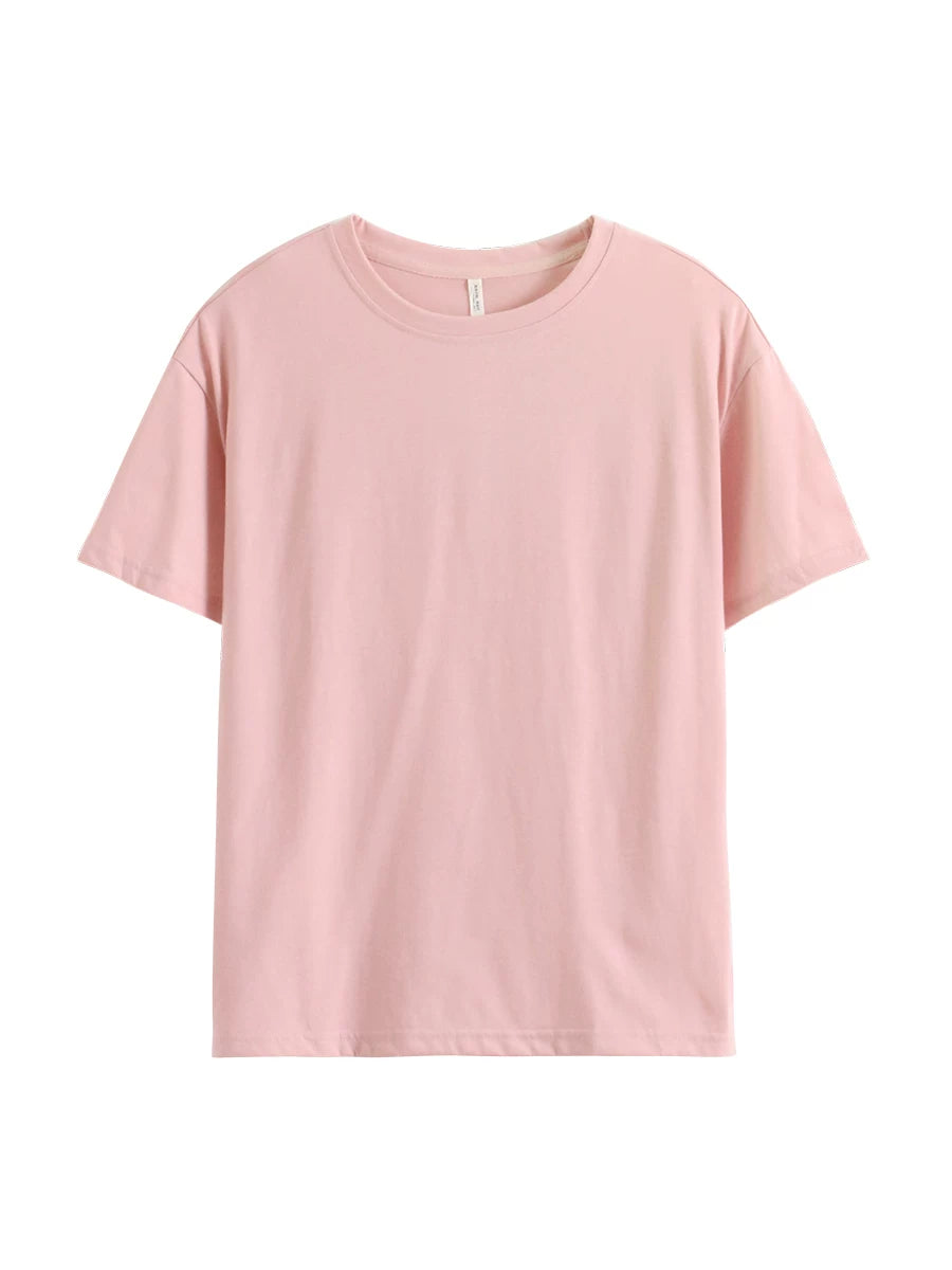 Qadınlar üçün tək üst pijama, təmiz pambıq nazik çəhrayı rəngli qısaqol köynək, ev paltarından kənarda geyinilə bilən dəyirmi boyunlu pullover
