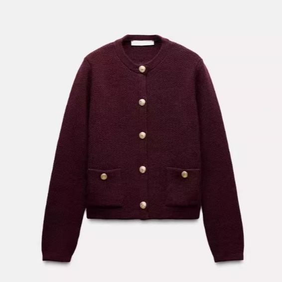 ZA Payız/Qış Yeni Qadın Geyimləri Avropa və Amerika Üslubunda Qızılı Düyməli Uzunqol Dəyirmi Yaxalı Qısa Örgü Kardiqan 6427144