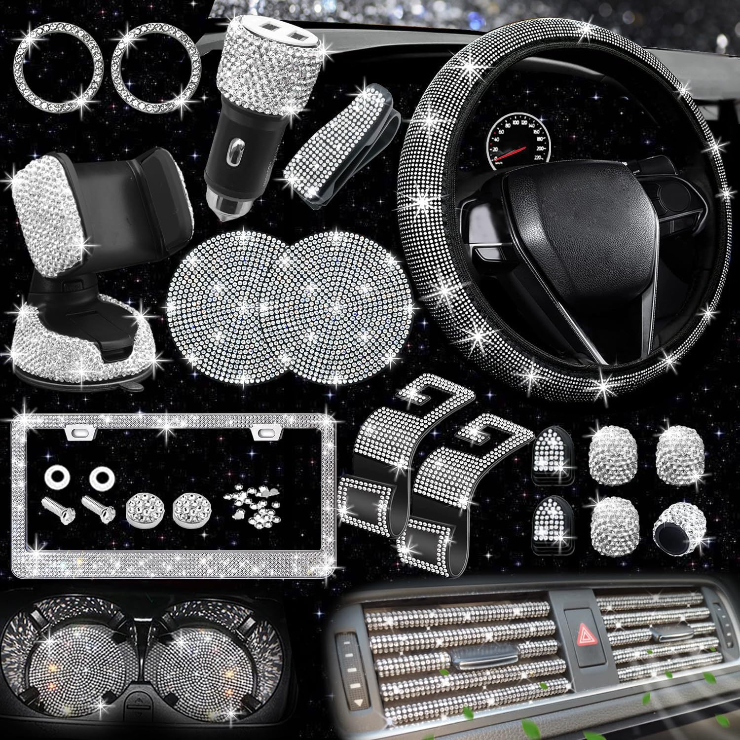 Car steering wheel cover, anti-slip, comfortable, no inner ring, stone-cut, US standard license plate frame, stone-cut car decoration.