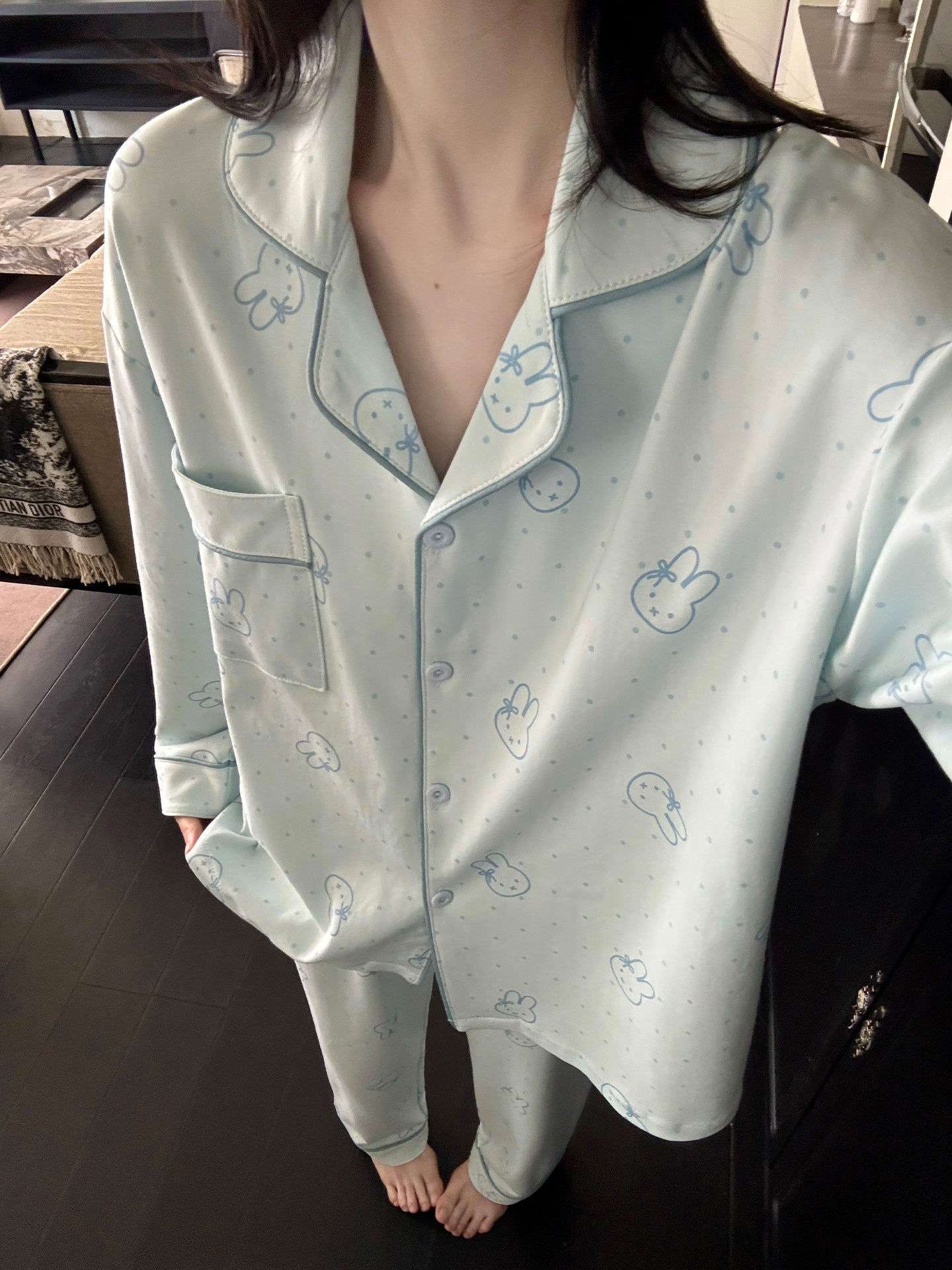 Qadınlar üçün Polka-nöqtəli Miffy Bunny pijama yaz və payız təmiz pambıq uzunqol 2026 yeni pambıq ipək yüksək səviyyəli ev geyimi yay
