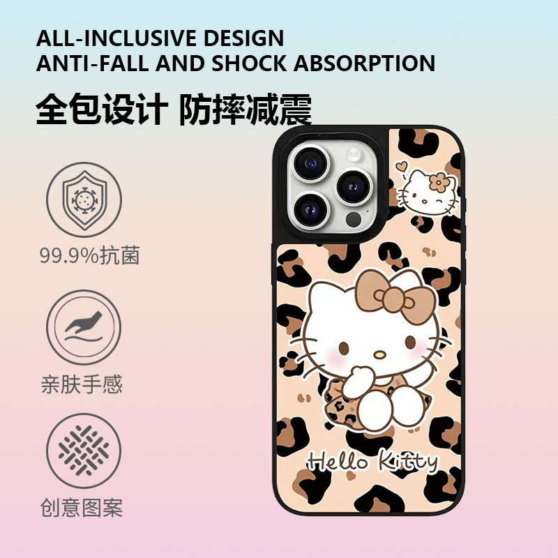 iPhone 17 Air, 16 Pro Max və 15/14/13/12 seriyaları ilə eyni stildə olan Apple iPhone-ları üçün fərdiləşdirilmiş çəhrayı leopard naxışlı Hello Kitty güzgü maqnit qutusu.