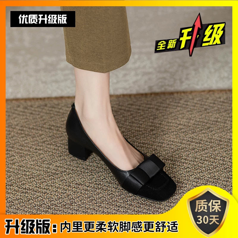 French style, Chanel inspired, color block women's high heels, 2024 spring and autumn new fashion, genuine leather, thick heel, strappy, retro mid-heeled single shoes.