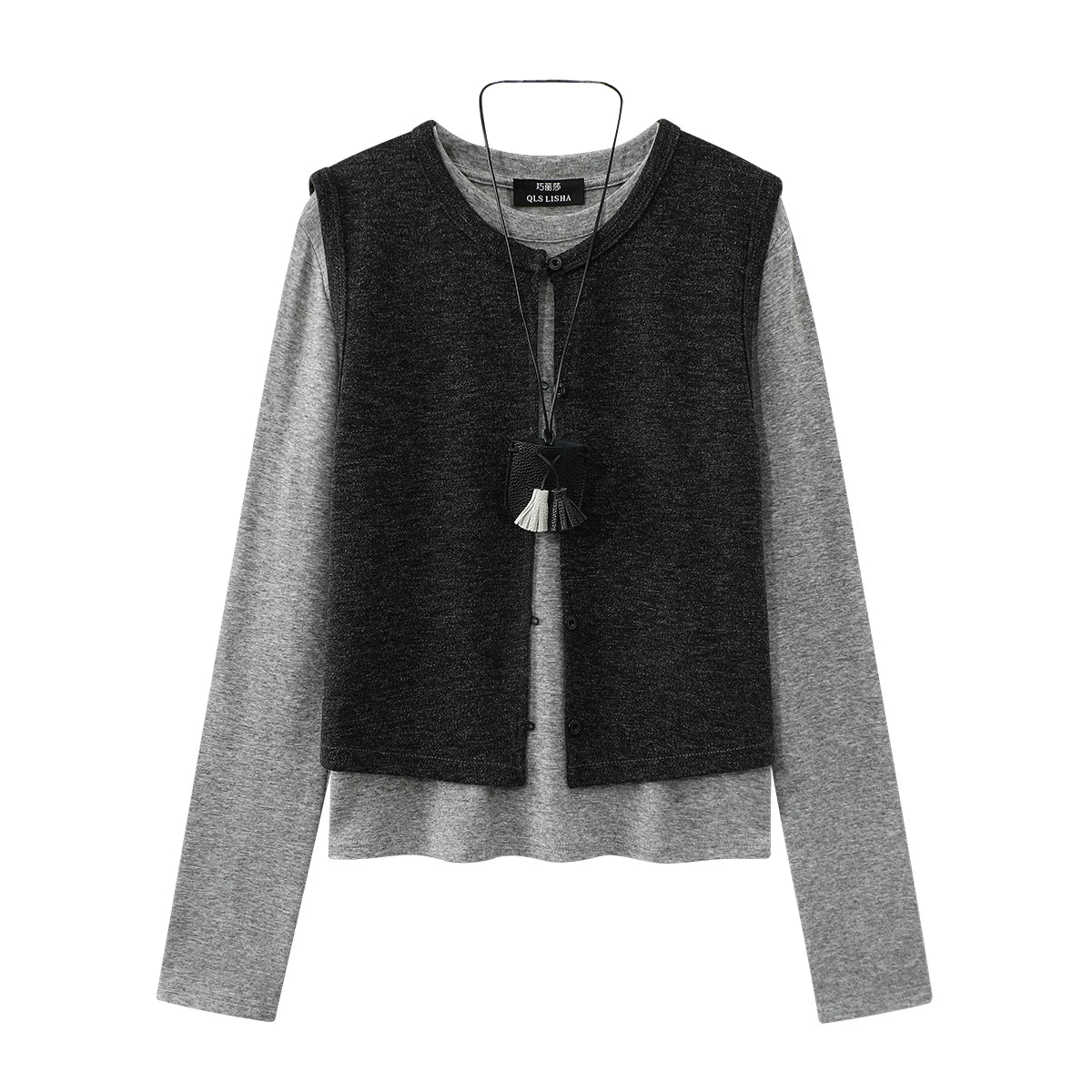 Cholisa Koreya üslubunda erkən payız şık yüksək səviyyəli kostyum qadın jilet qatlı əsaslı trikotaj iki hissəli dəst