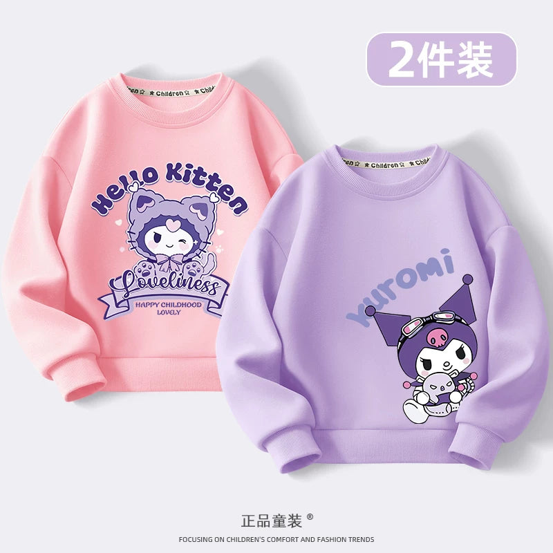 Kuromi Qızlar üçün Sweatshirt Payız/Qış 2024 Yeni Model Dəbli, Yun Astarlı Kürək Yaxalı Top Qızlar və Böyük Uşaqlar üçün