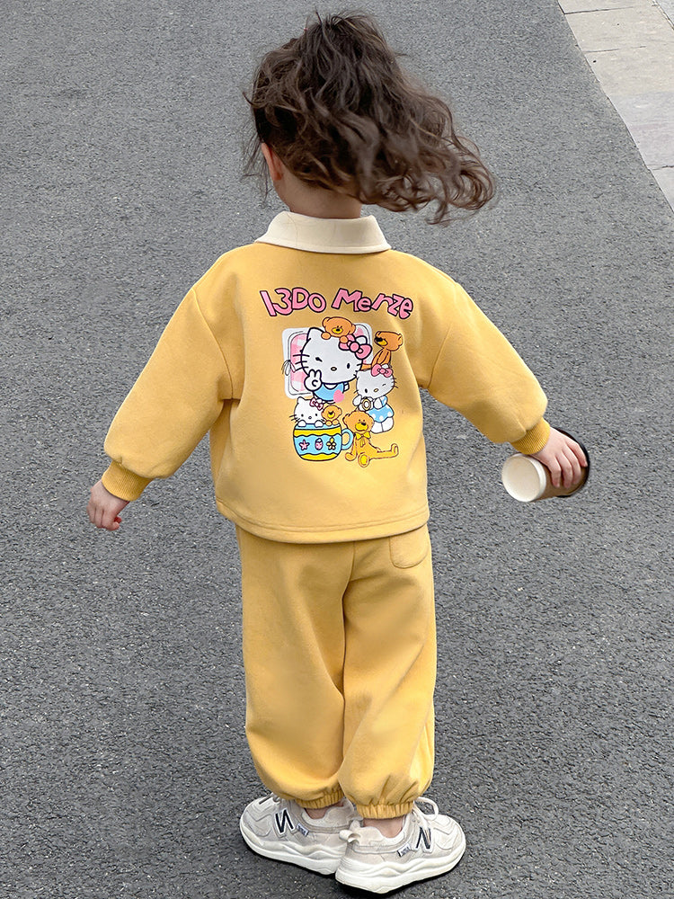 Annakids Koreya dəbli uşaq geyimləri brendi qızlar üçün payız və qış üçün yun astarlı idman kostyumu dəsti, iki ədəd polo yaxalıqlı sviter də daxil olmaqla.