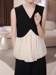 Qadınlar üçün fransız üslubunda V-yaxalı qolsuz mayka, yay, böyük ölçüdə, arıqlama üçün, dəbli, yüksək səviyyəli rəngləri olan bluza.