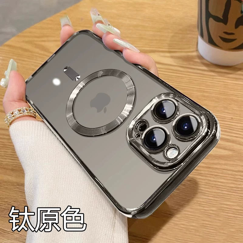 Apple iPhone 16 üçün uyğundur, iPhone 11/12/13/14 Pro Max üçün zərbəyə davamlı silikon korpus, i15 Plus üçün yeni maqnit linza tam örtük, kişilər və qadınlar üçün yüksək keyfiyyətli elektrokaplamalı cüt ultra nazik şəffaf yumşaq korpus.