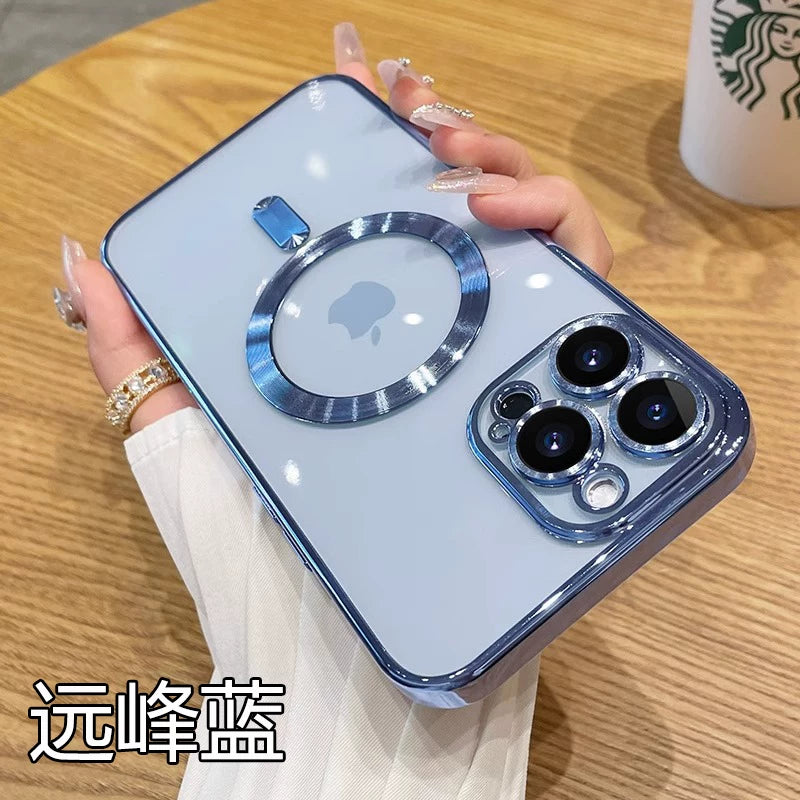 Apple iPhone 16 üçün uyğundur, iPhone 11/12/13/14 Pro Max üçün zərbəyə davamlı silikon korpus, i15 Plus üçün yeni maqnit linza tam örtük, kişilər və qadınlar üçün yüksək keyfiyyətli elektrokaplamalı cüt ultra nazik şəffaf yumşaq korpus.