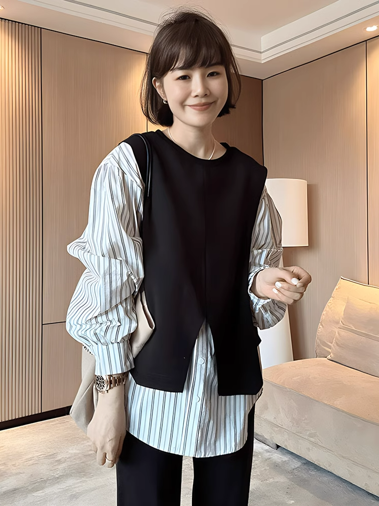 Women's oversized, irregular faux two-piece long-sleeved shirt, new fall and winter fashion, loose-fitting, slimming, unique outerwear shirt.