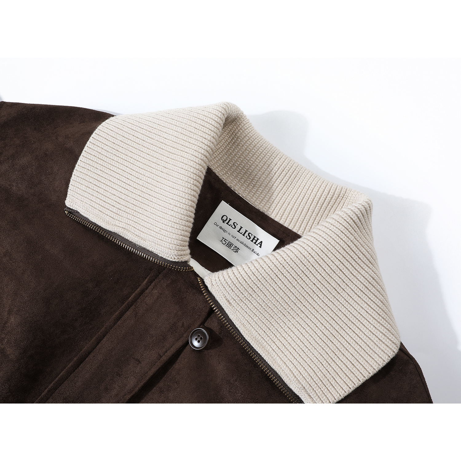 Qiaolisha Koreya üslubunda zamşa motosiklet gödəkçəsi, qadın qış trikotaj yaxalıqlı ağ ördək tüklü gödəkçə.