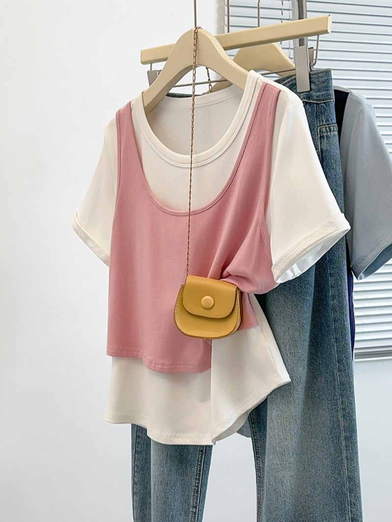 Böyük Ölçülü Koreya Üslublu Rəngli Bloklu Süni İki Parçalı Qısa Qollu Qadın Futbolkası, Yeni Yay Modeli, Boş Formalı, Arıqladıcı və Qarın Gizlədən Top