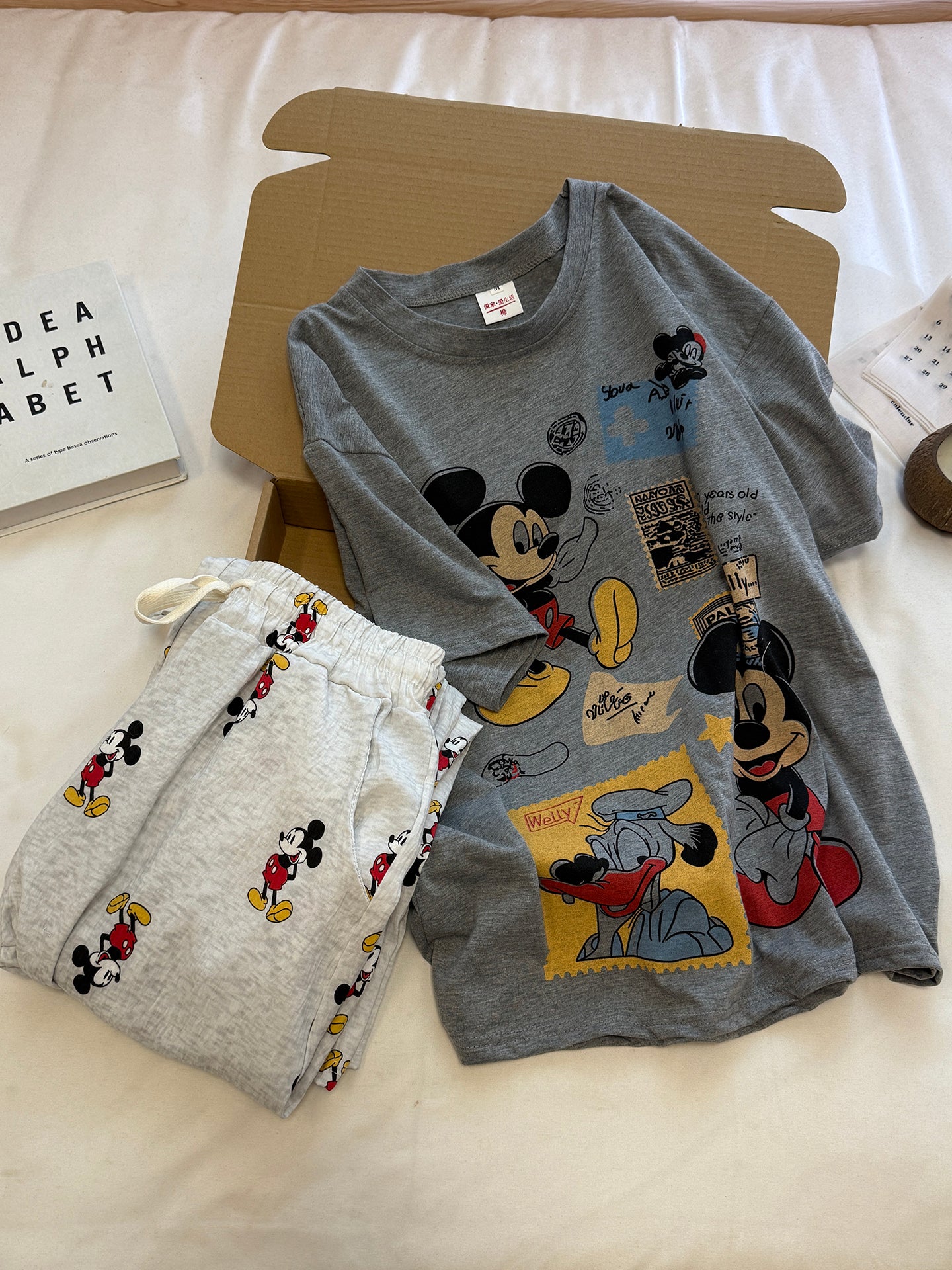 Qadınlar üçün yay daranmış pambıq qısaqol sərin böyük ölçülü pijama çöldə geyilə bilər 2026 yeni cizgi filmi Mickey kostyumu ev paltarı
