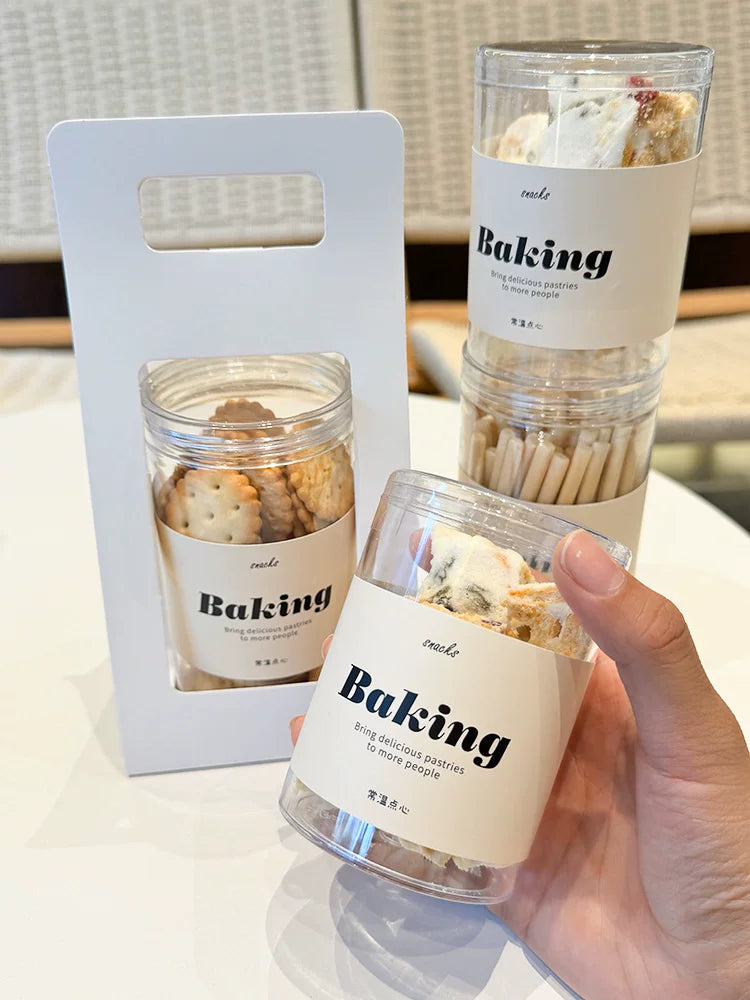 Şəffaf biskvit qabı kofe peçenye qar dənəciyi xırtıldayan kakao xırtıldayan pendir çubuğu plastik şüşə bişmiş qəlyanaltı möhürlənmiş boru