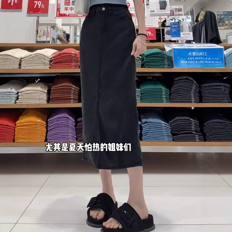 Armud formalı yarıqlı denim midi ətək, 2026 yay stili, nazik, arıqladıcı, böyük ölçüdə, qüsurları gizlədir, orta uzunluqlu A-xəttli ətək.