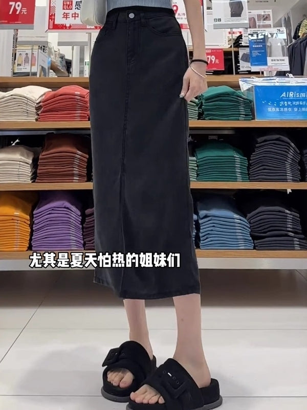 Armud formalı yarıqlı denim midi ətək, 2026 yay stili, nazik, arıqladıcı, böyük ölçüdə, qüsurları gizlədir, orta uzunluqlu A-xəttli ətək.