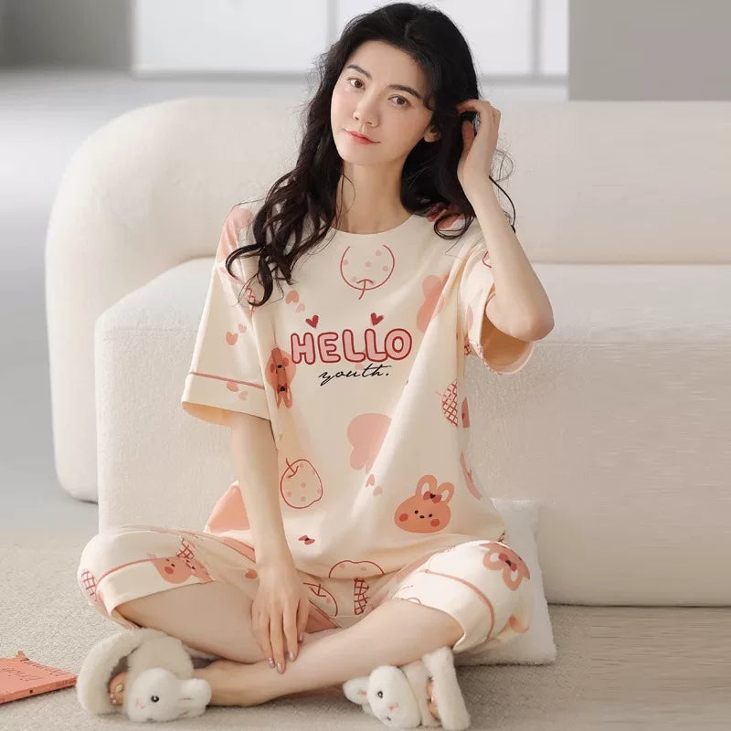 Saf pambıq pijama qadın yay qısaqol qısaldılmış şalvar 2026 yeni qadın yay ev geyimi dəsti sinə yastiqciqları ilə