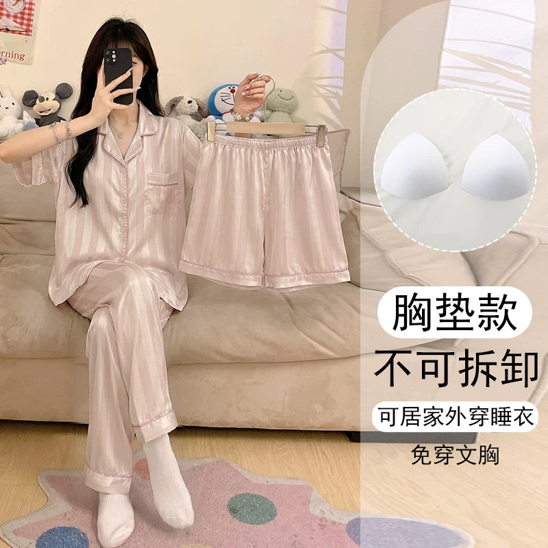 2026 Yeni Satin Buz İpək Pijama Qadınlar üçün Yay Günü Yüksək Qısaqol Döş Yastıqları ilə Böyük Ölçülü Ev Geyimi Dəsti