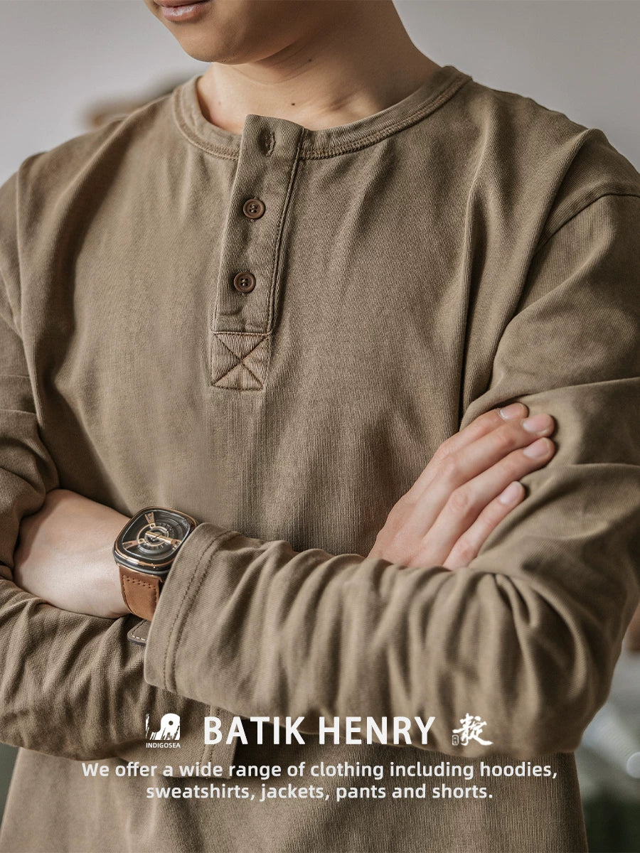 Indigo American Retro Yuyulmuş Batik Henley Köynək T-shirt Çətin Möhkəm Boş Açıq Yaxalıqlı Uzun Qollu Köynək Kişi Yaz