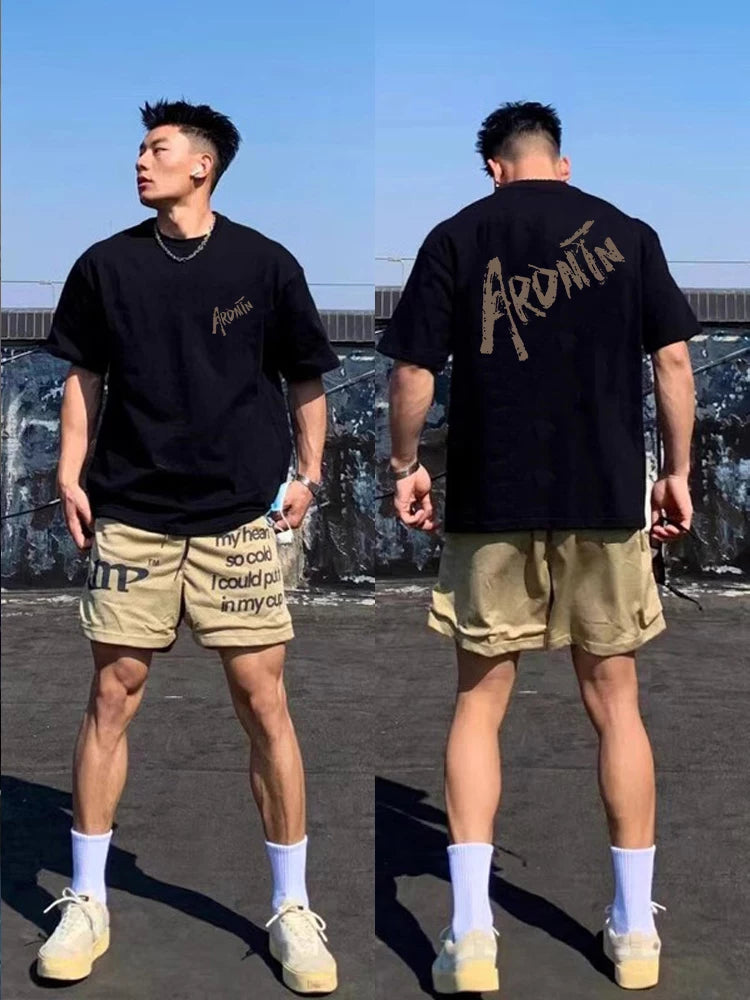 Moda brendi retro kreativ məktub qısaqol kişi yay köynəyi ağır pambıq boş və yaraşıqlı kiçik dekolteli top