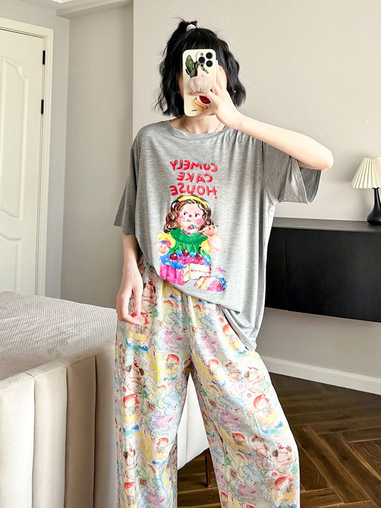 İncə bölmə ~ yağlı boya cizgi filmi modal pijama qadınlar üçün yay qısaqol şalvar buz ipək sərin və sevimli Yapon ev paltarları