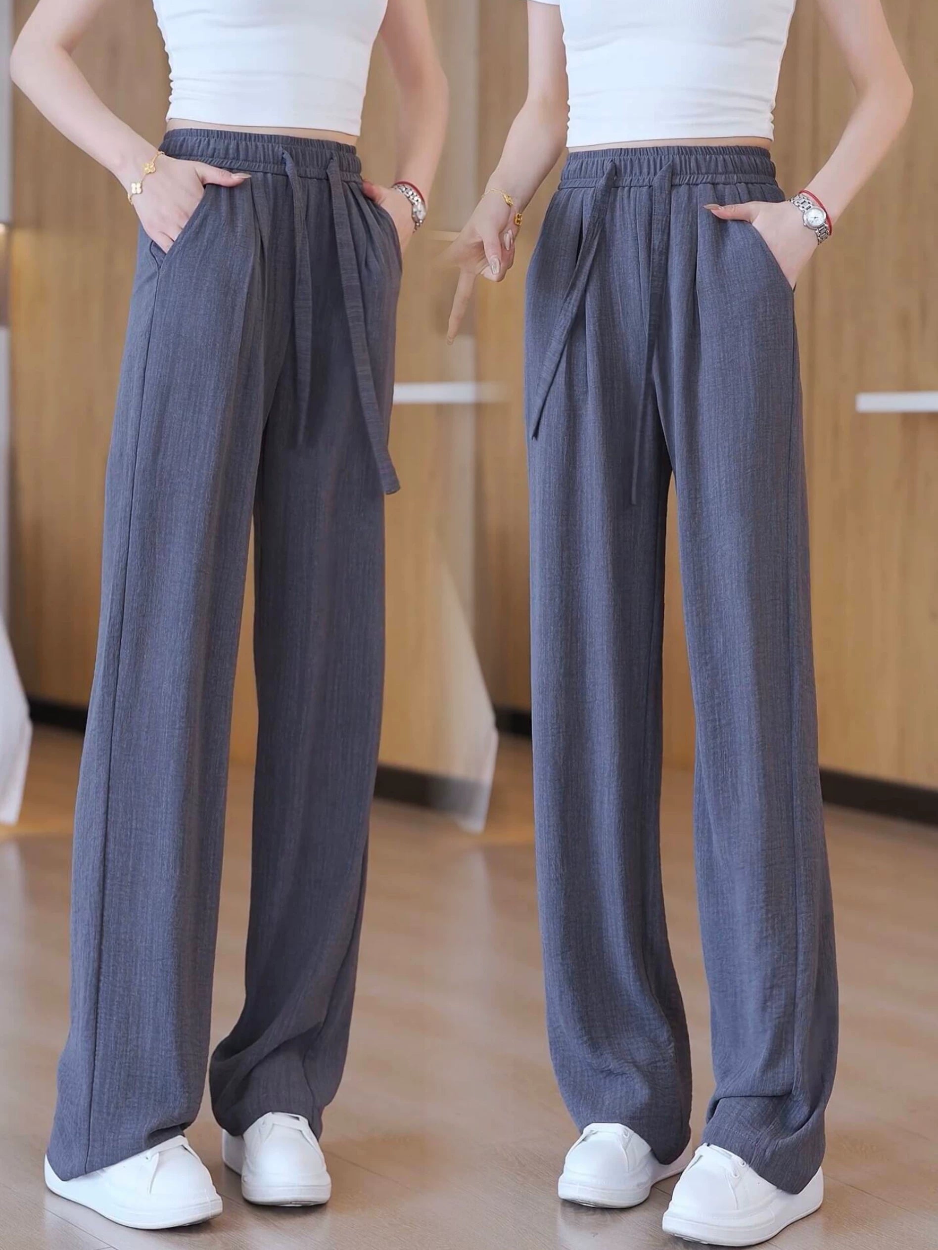 Tencel pambıq və kətandan yayda qadınlar üçün enli pambıq şalvar, kiçik insanlar üçün nazik, hündürbel və drape, ağ buz ipəkdən düz ayaqlı tənbəl təmizləyici şalvar.