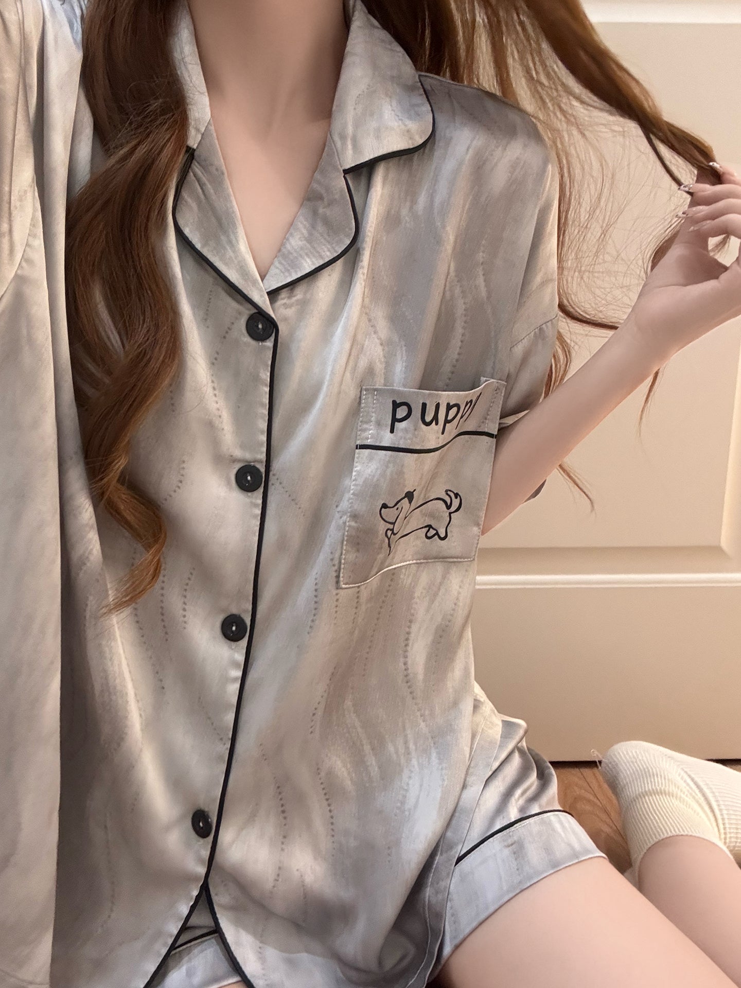 2026 Yeni Yay Tempin İpək Sevimli Pijama Qadın Qısaqol Böyük Ölçülü Puppy Kostyum Ev Geyimi Çöldə Geyinmək olar