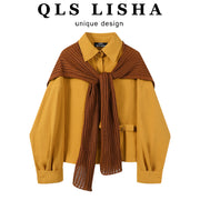 Chorissa Fransız Retro Çoxfunksiyalı Polo Yaxalıq Uzun Qollu Köynək Qadınlar üçün Boş Arıqladıcı Erkən Yaz Şal Üstü İki Parçalı Dəst