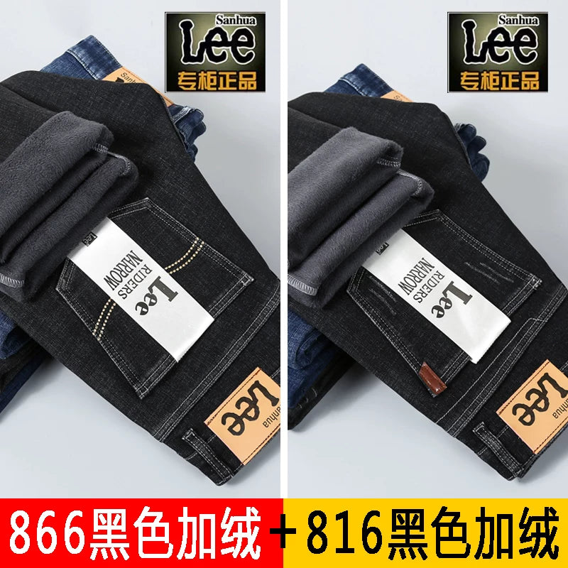 Payız/Qış üçün Kişilər üçün Qalın Yun Astarlı Cins Şalvar, İşgüzar Üslubda, Boş Formada, Düz Ayaqlı, Gündəlik, Uzun Şalvar, Elastik, Davamlı və Geyilməyə Davamlı