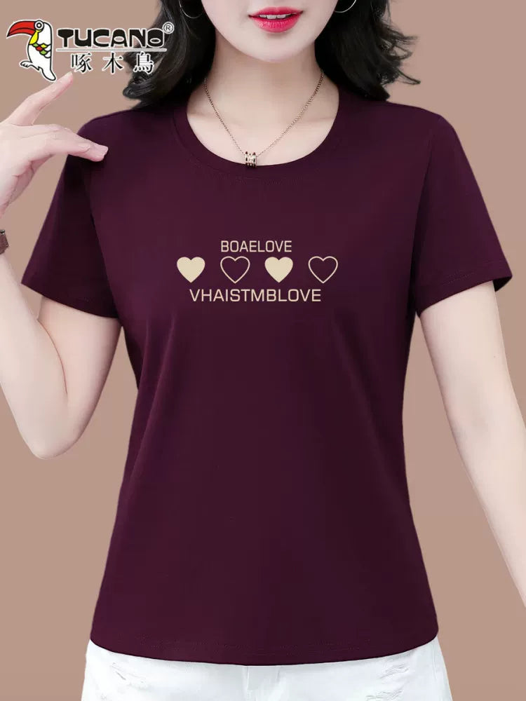 Ağacdələn təmiz pambıq qısaqol köynək qadınlar üçün yay 2026 yeni orta yaşlı ana təsadüfi xarici stil boş qadın top T-shirt