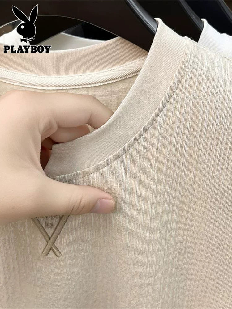 Playboy buz ipək qısaqol kişi yay kiçik V dəyirmi boyun top moda trendi çox yönlü sərin köynək